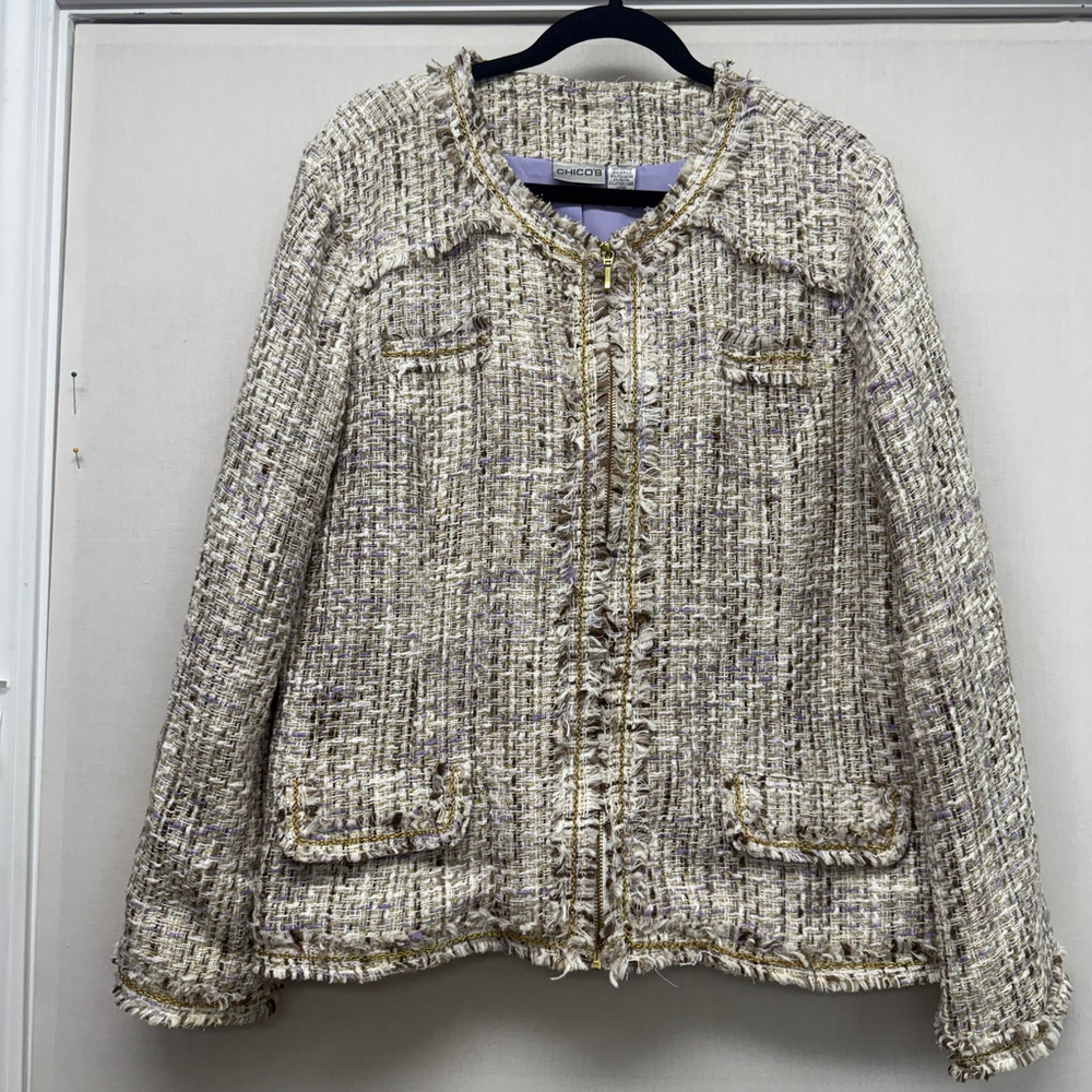 Women's Chico's Plus 16 Tweed Blazer Jacket Beige Purple - Picture 2 of 14